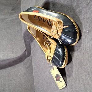 chooka Black Duck Skimmer Rubber + Faux Leather Rain Slip On Flats NWT US 10